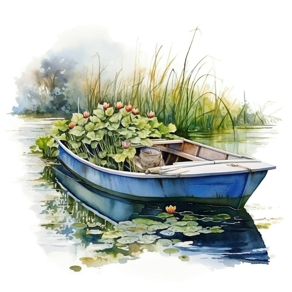 Watercolor Boat With Water Lilies