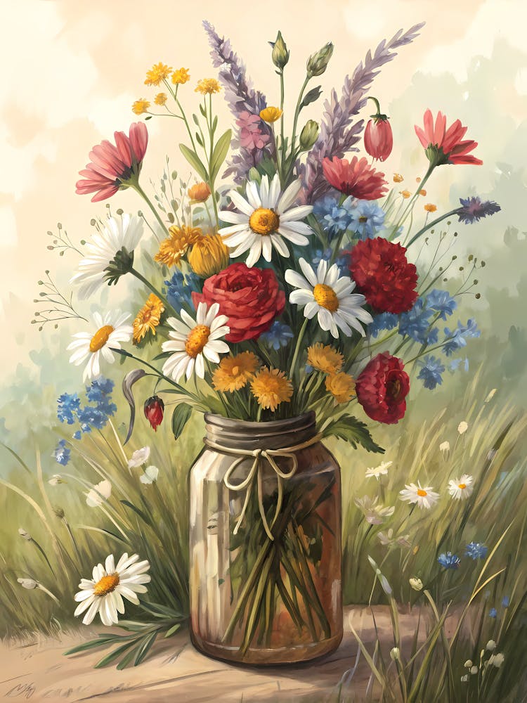 Oil Painting Style Vibrant Wildflower Medley Rustic Jar Arrangement