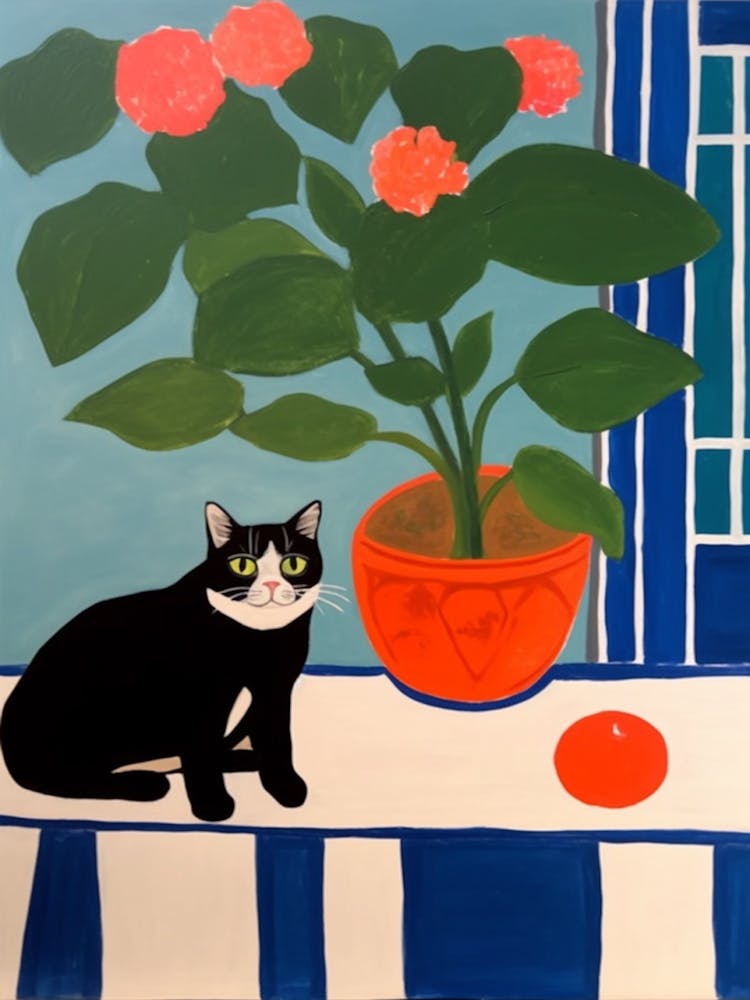 Painting Of A Still Life Of A Amaryllis With A Cat In The Style Of Matisse 3