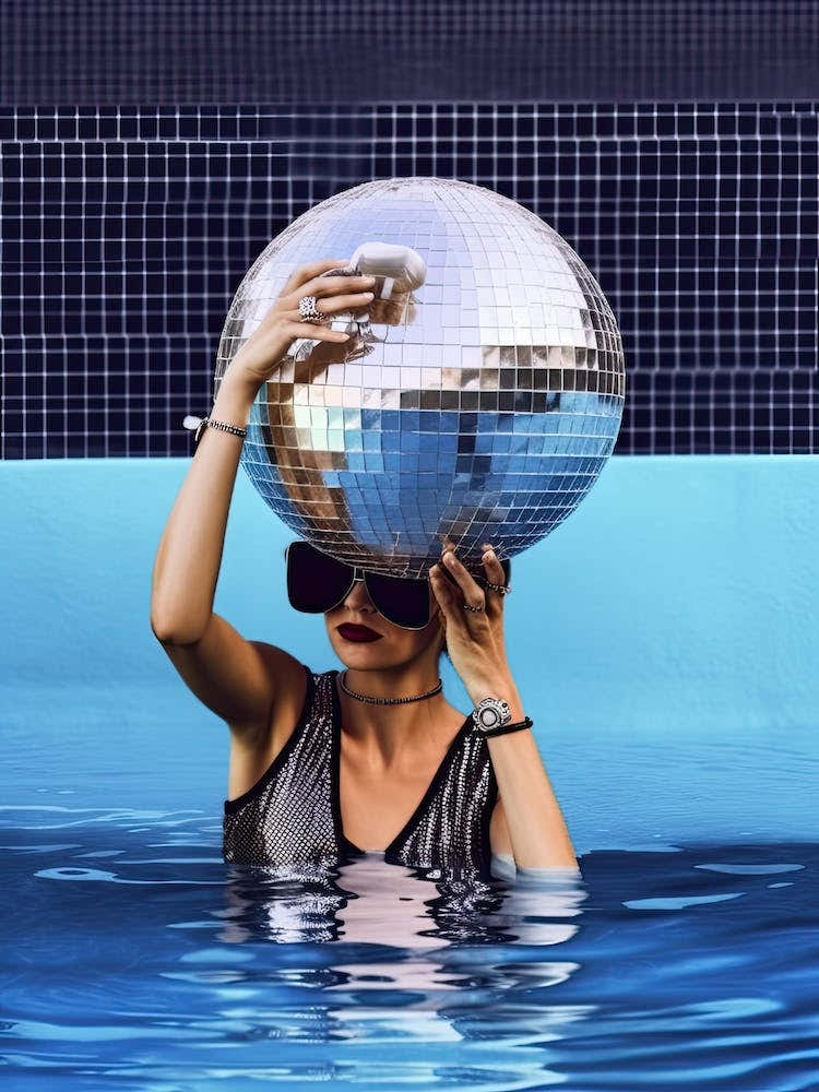 Woman Pool Disco Ball Fashion Photography 2
