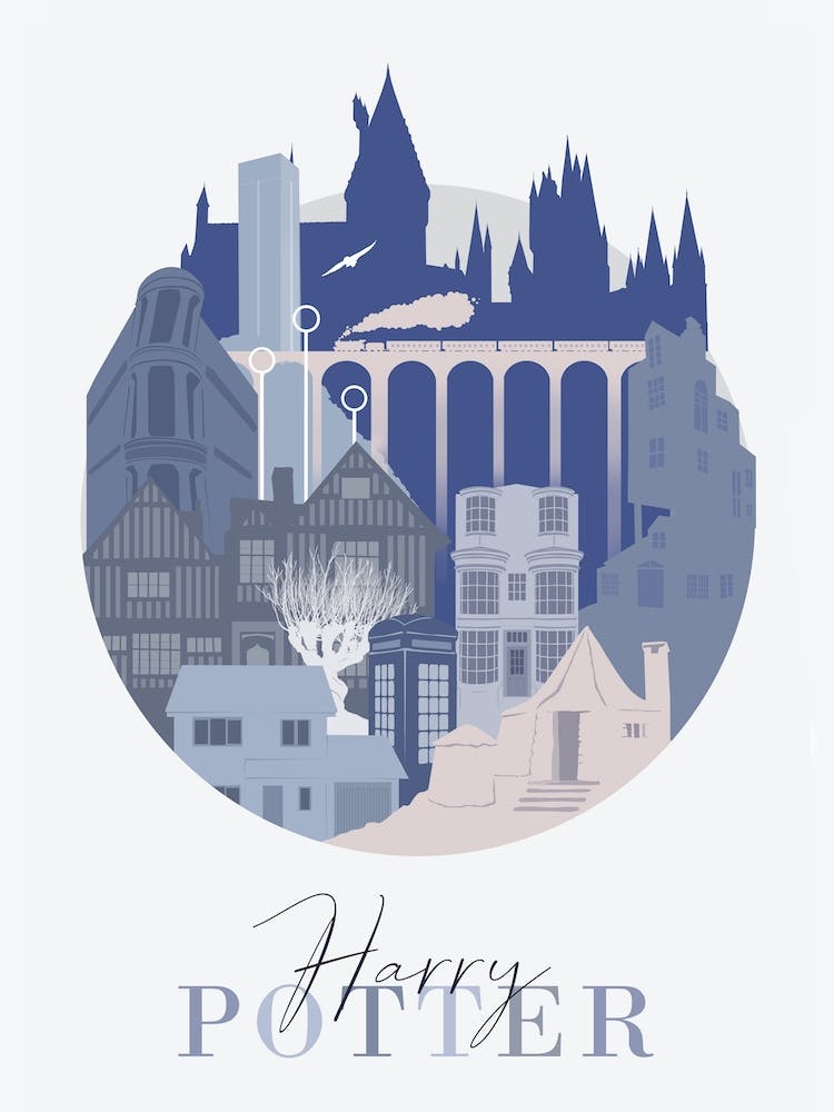 Harry Potter in Grey/Blue - Minimalist Harry Potter Print, Hogwarts Print, Diagon Alley Picture, Hogwarts Express Print, Harry Potter Nursery. Blue Harry Potter Print, Harry Potter Skyline.