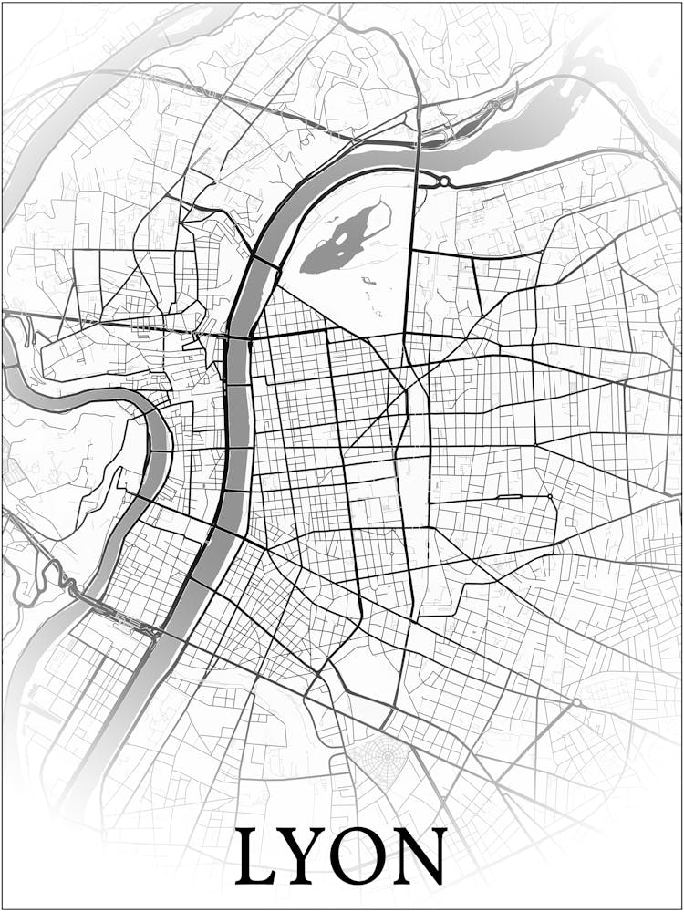 Lyon, Rhône, France, City Map, Black And White Fade Design