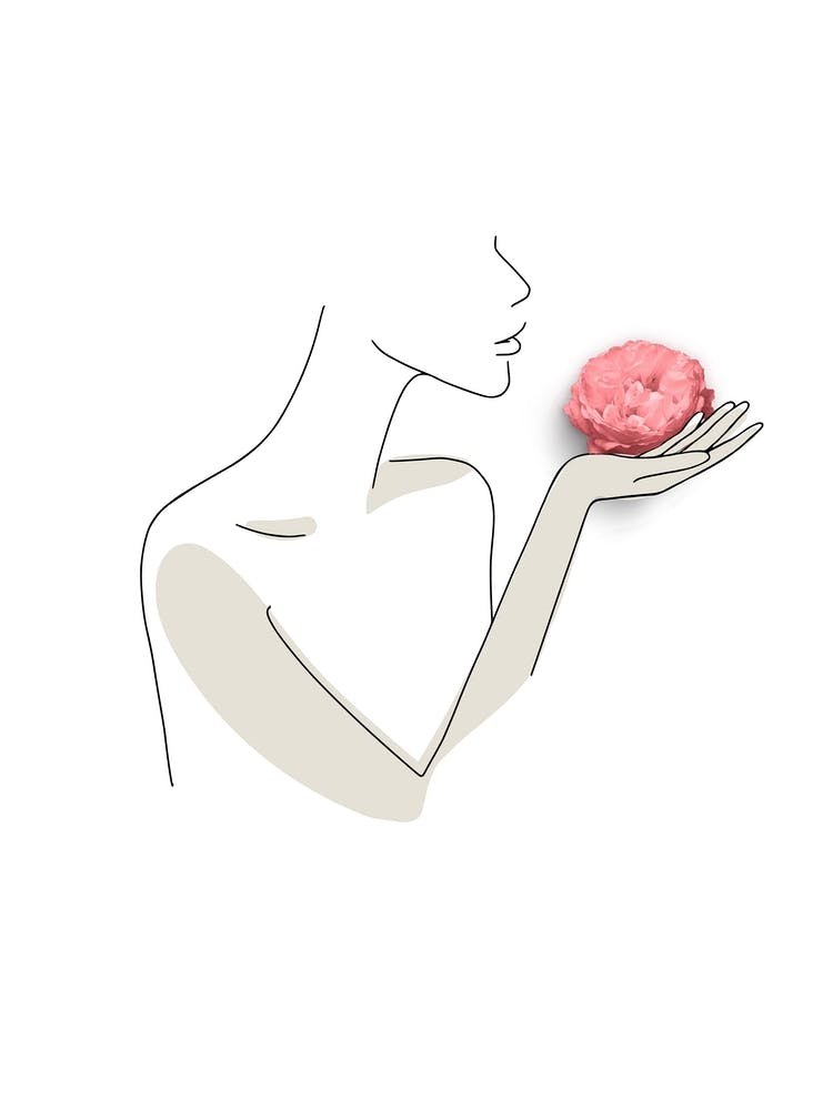 Minimal Line Art Girl With Pink Rose