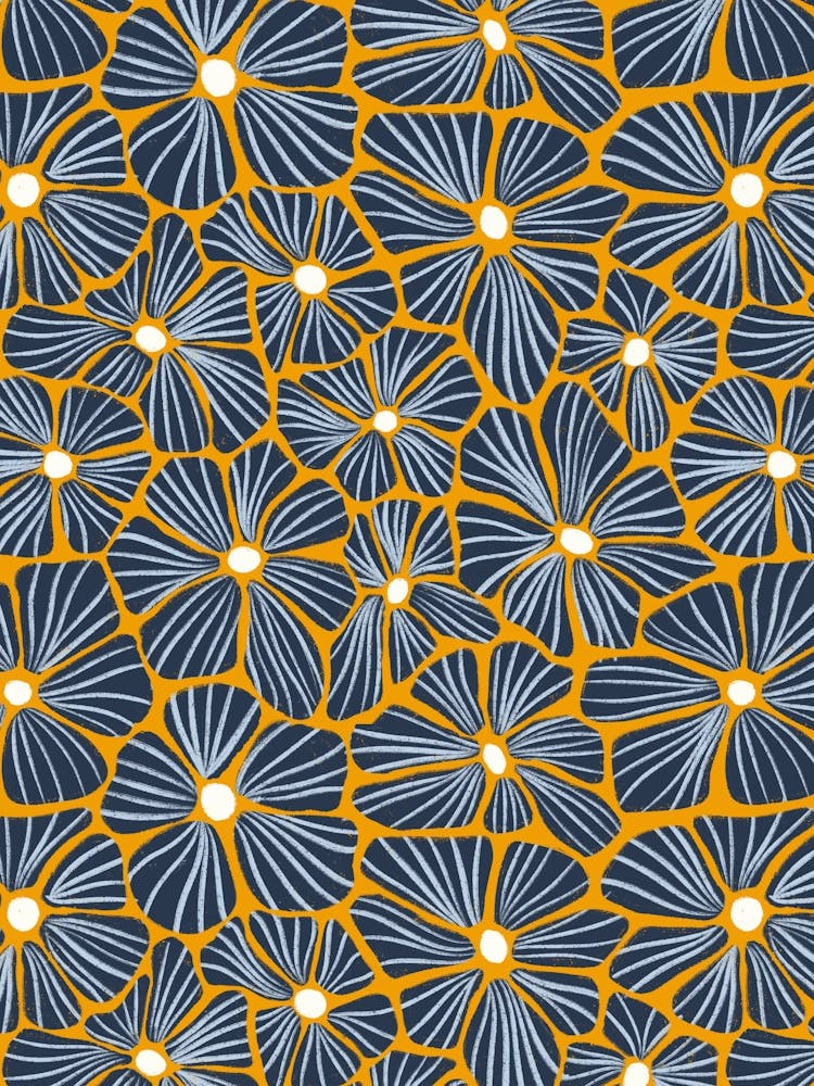 Flower Mosaic Navy Gold Textured Hand Drawn