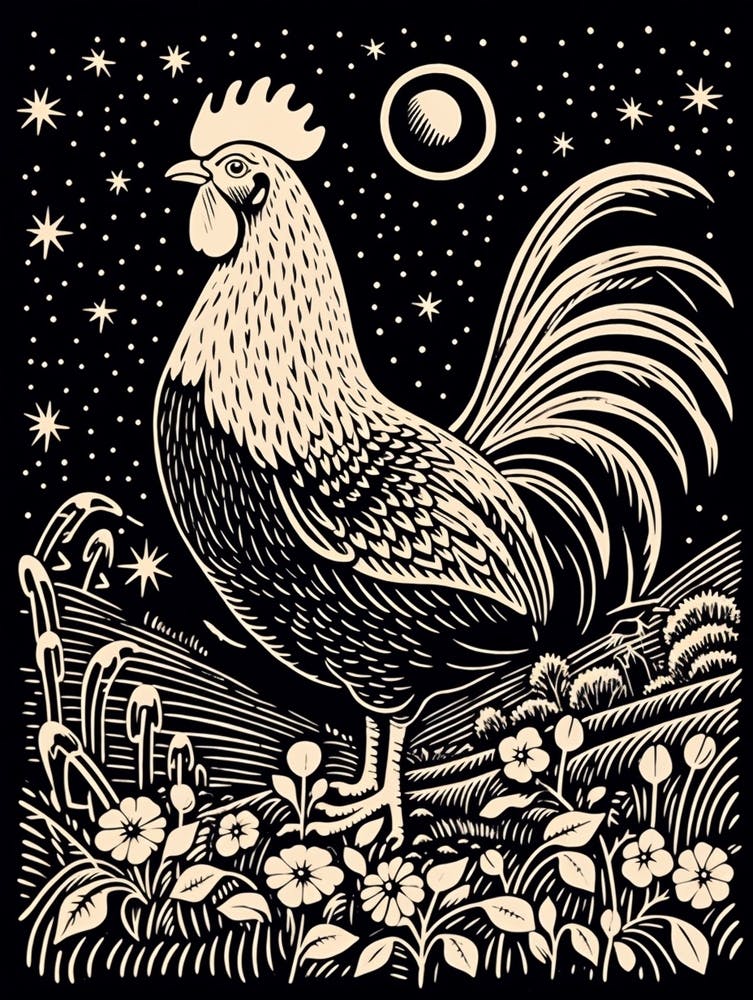 B&W Bird Linocut Chicken 5