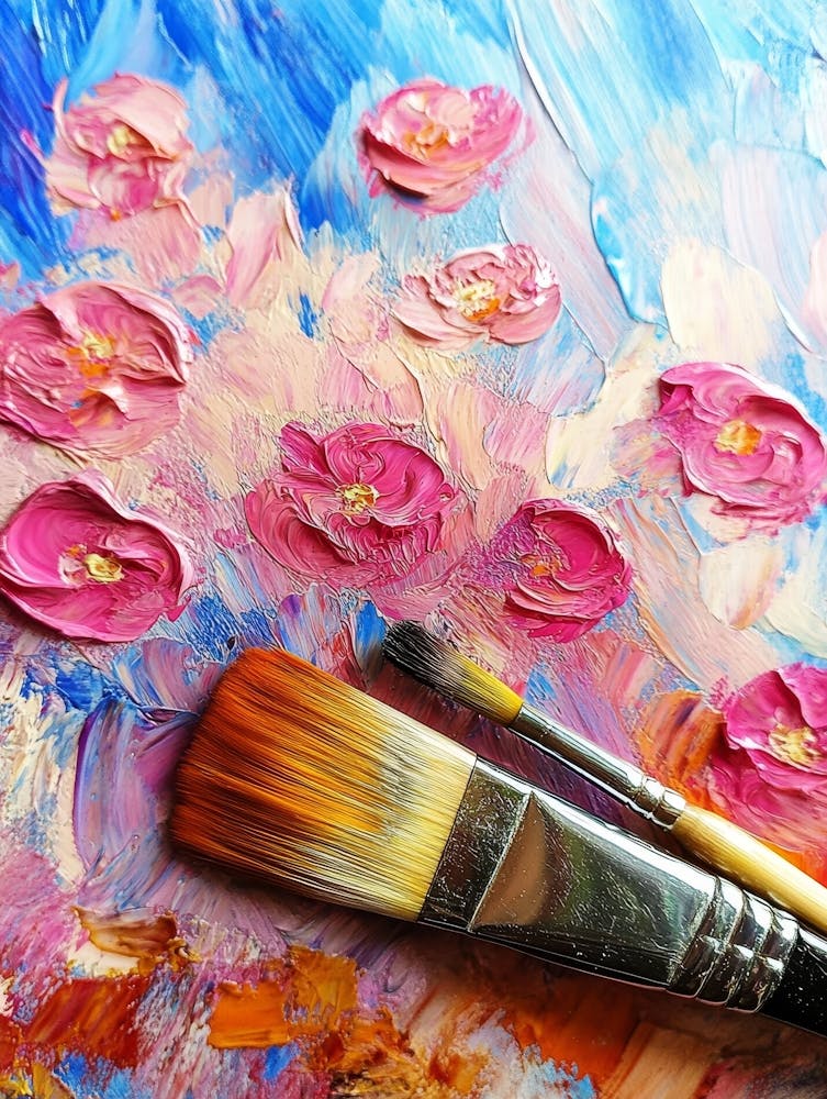Paintbrush And Beautiful Painting With Flowers