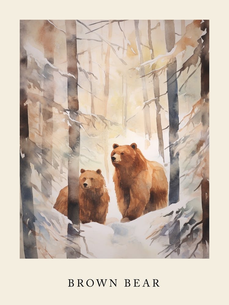 Winter Watercolour Brown Bear 3 Poster
