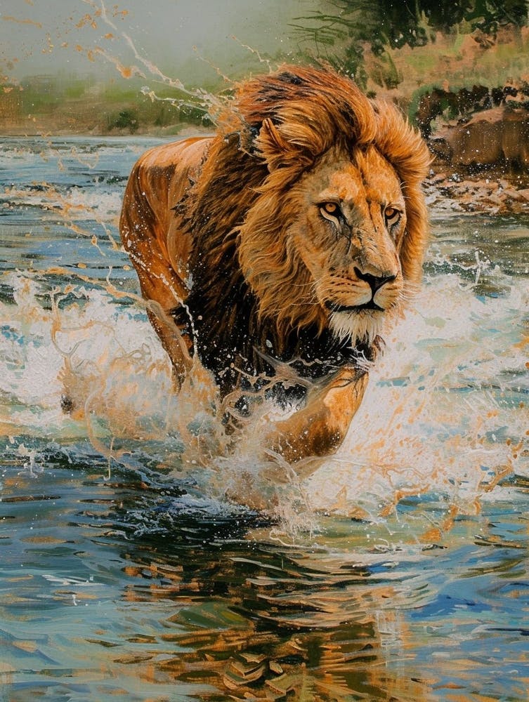 Barbary Lion Crossing A River Acrylic Painting 3