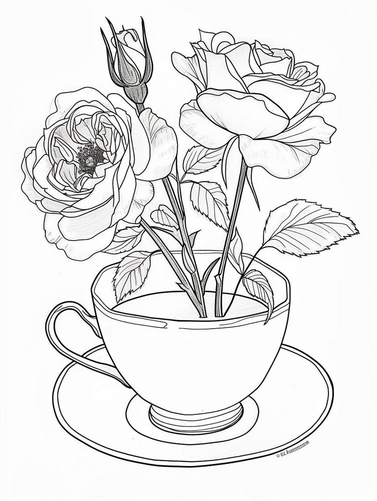 Rose In A Teacup Line Drawing 3