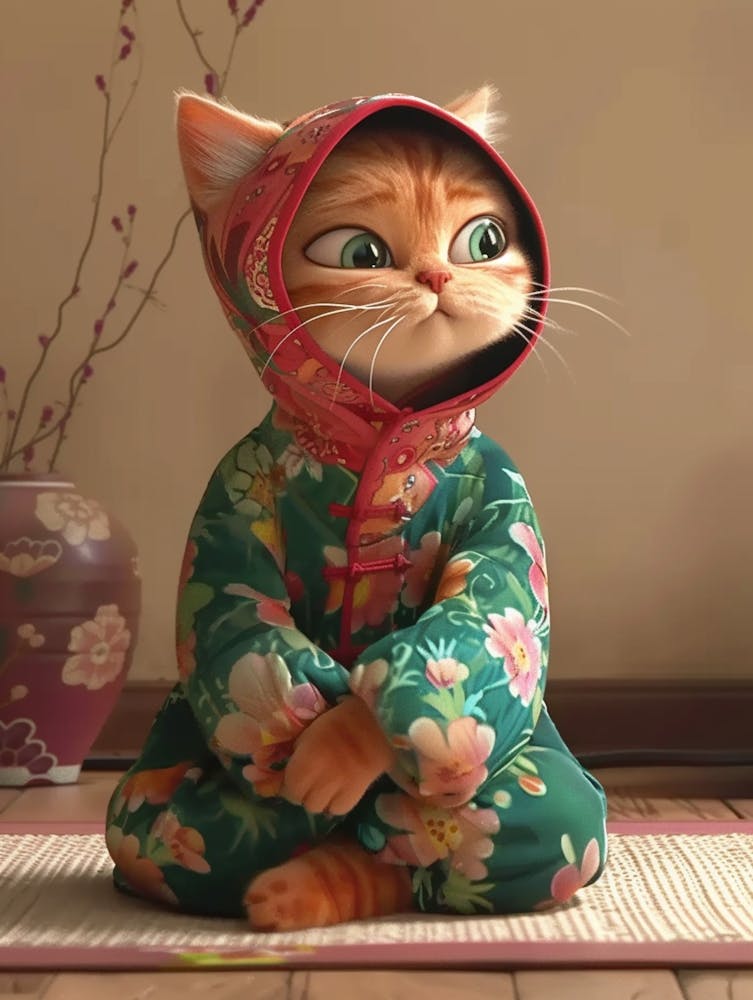 Pixar Animation Style A Female Cute Orange Cat Wearing A Chinese Northeast Flower Cotton Padded Jacket Is Sitting Cross Legged On The Earthen Kang With A Wronged Look On Her Face