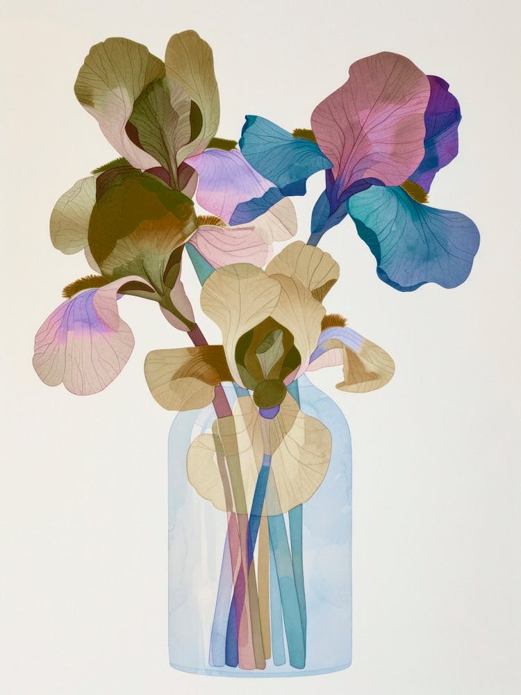 Iris In Vase. Green Purple and Blue