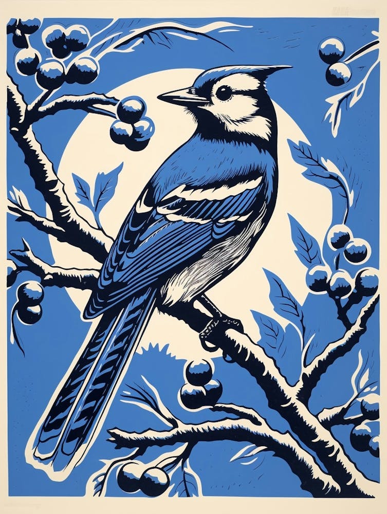 Vintage Bird Linocut Blue Jay 3