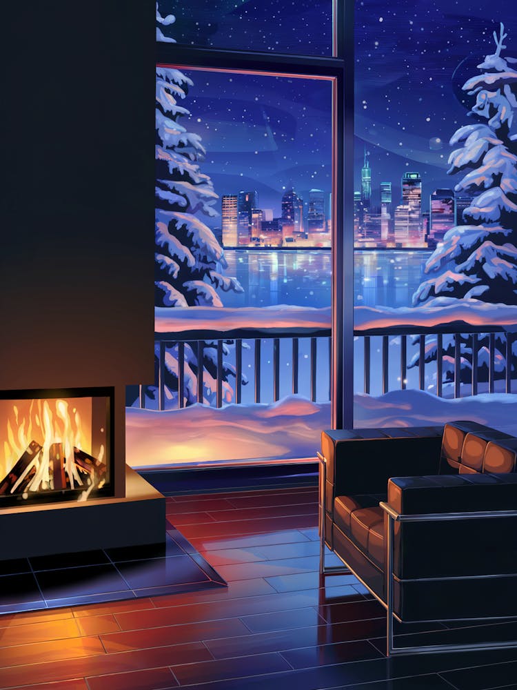 Anime Canvas Art: Cozy Cabin with Fireplace, Snowy City Skyline, and Starry Night, Perfect for Lofi Aesthetic and Winter Ambience Art Lovers.