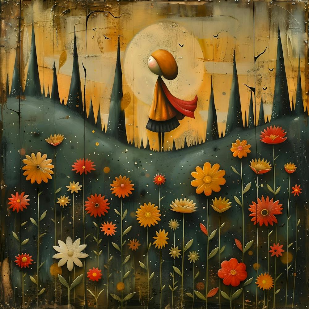 Little Girl In A Flower Field, Naïf, Whimsical, Folk, Minimalistic