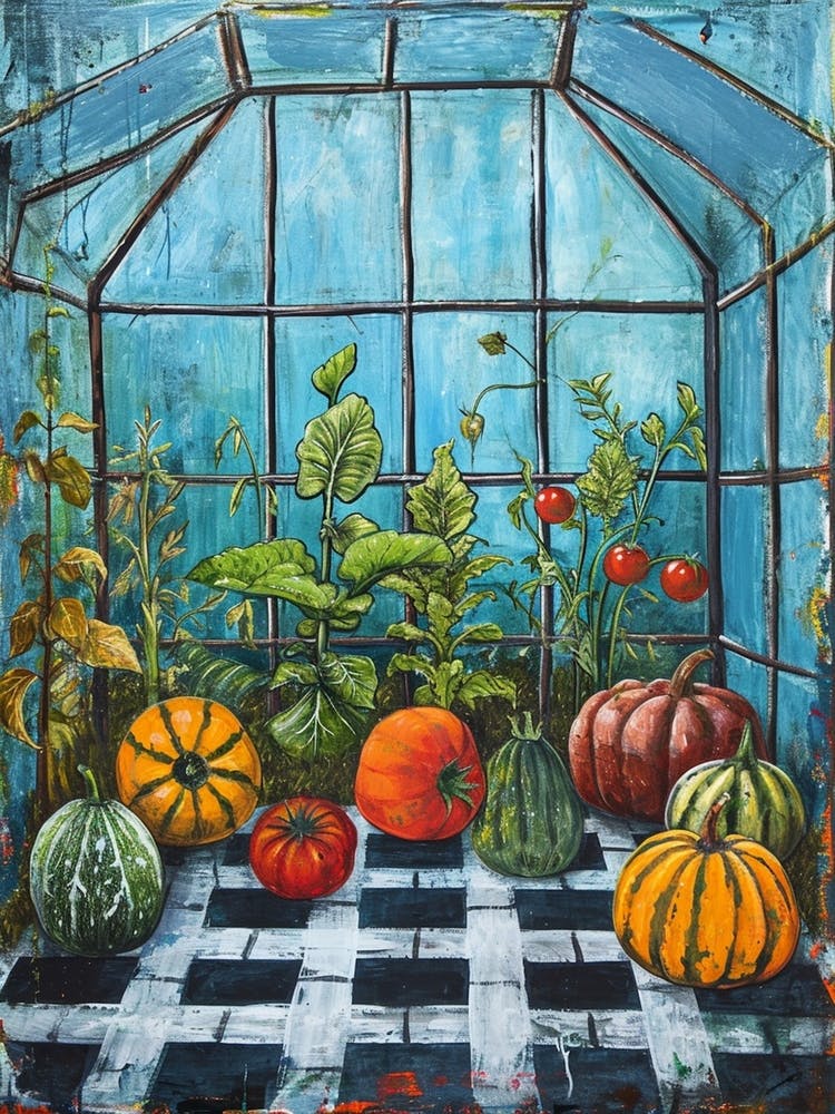 Vegetables In The Greenhouse Blue Checkerboard