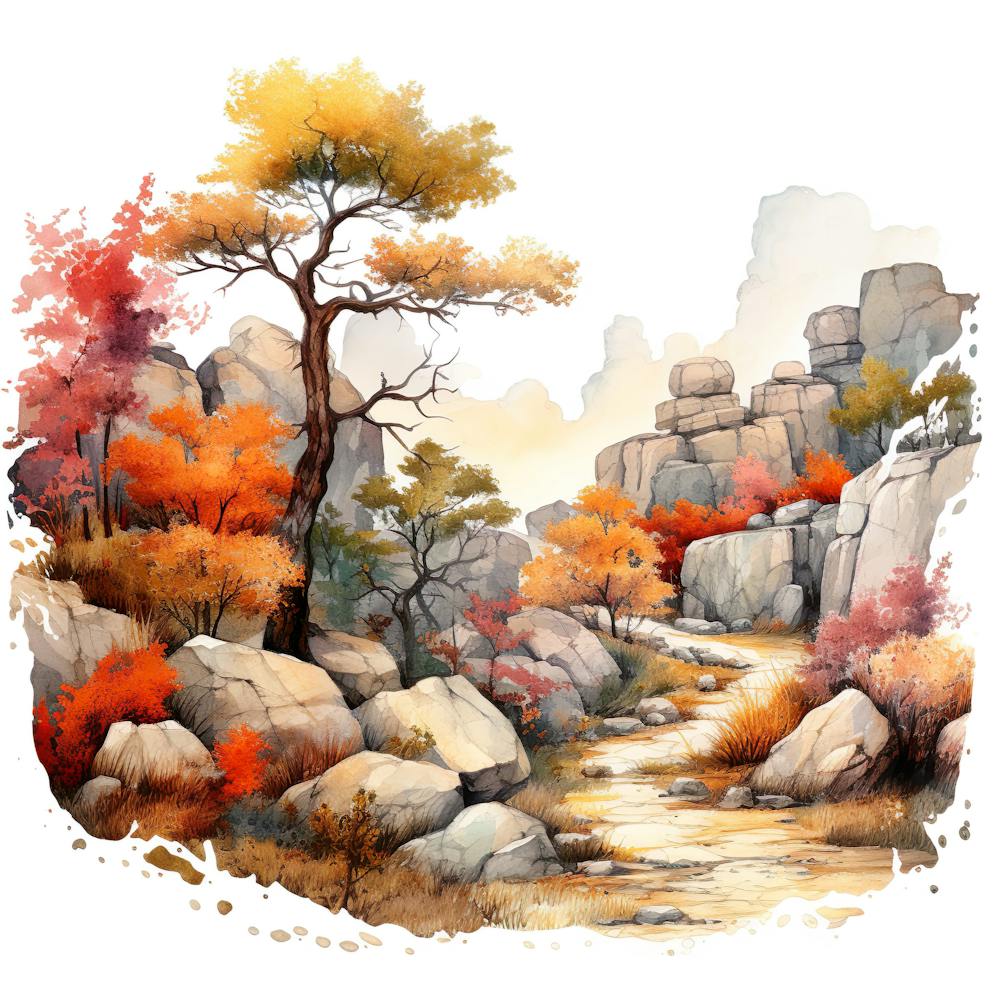 Watercolor Landscape With Trees And Rocks