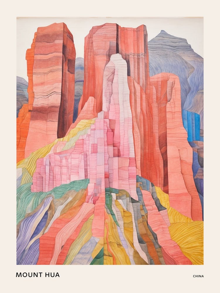 Mount Hua China 2 Colourful Mountain Illustration Poster