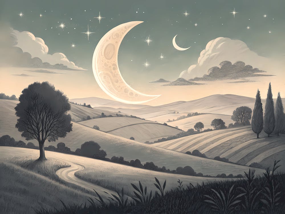 Retro Vintage Style A Crescent Moon Over A Quiet C