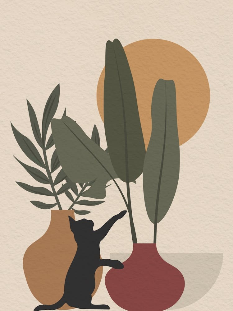 Vintage minimal art Cat And Plants 1
