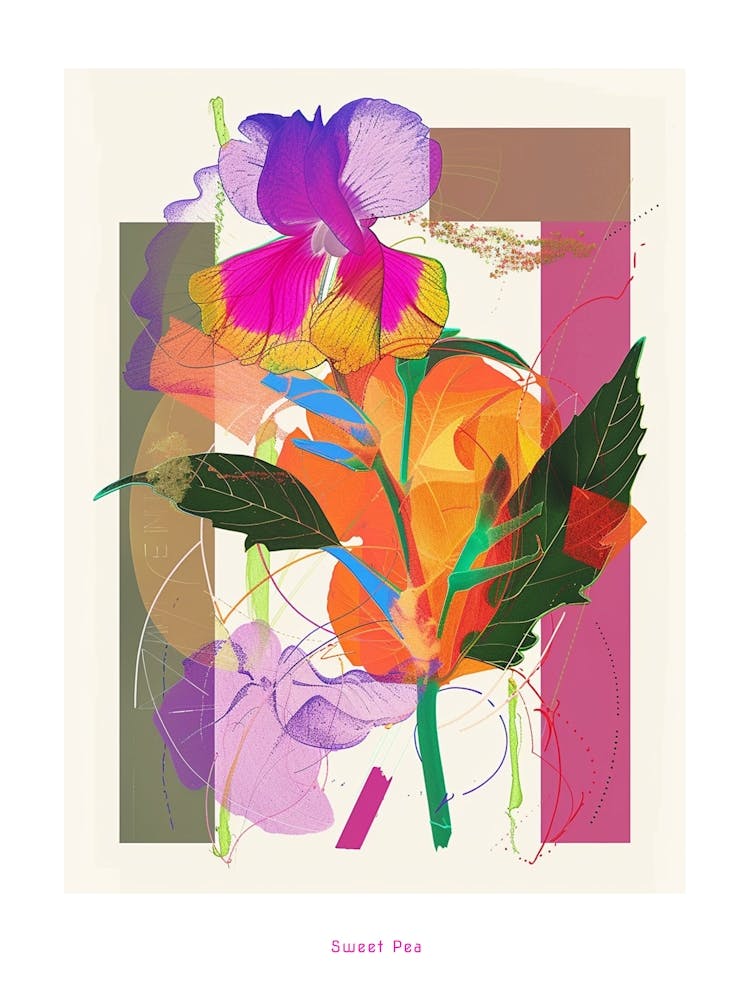 Sweet Pea 4 Neon Flower Collage Poster