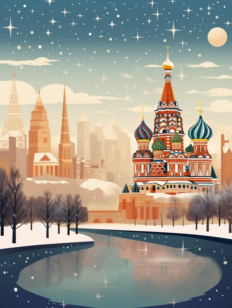 Winter Travel Night Illustration Moscow Russia 1