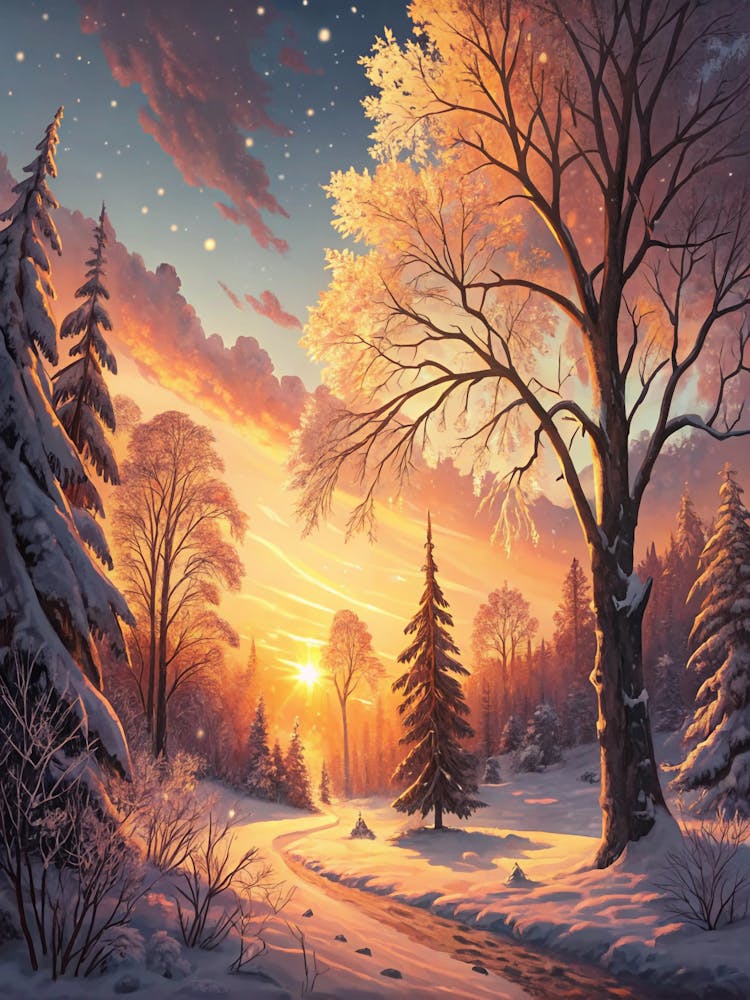 Oil Painting Style Sunset Light Reflecting On Forest