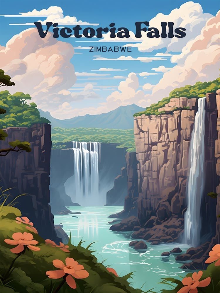 Victoria Falls Zimbabwe Waterfall Travel Art Illustration