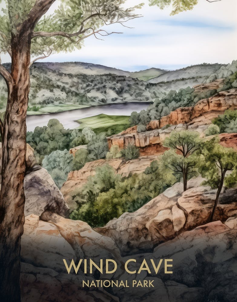 Wind Cave National Park Watercolour Vintage Travel Poster 2