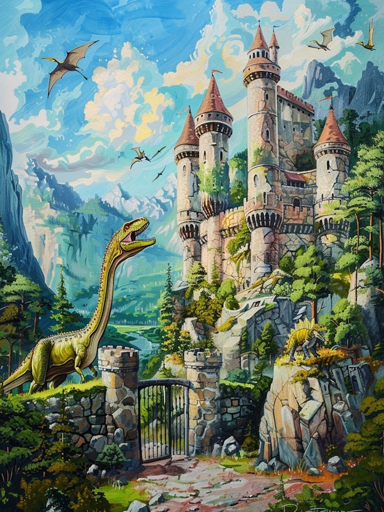 Dinosaur Guarding The Castle Painting