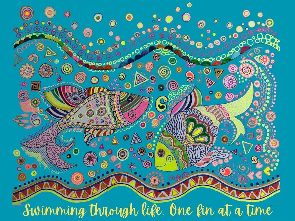 Original pen and ink drawing of fishes in Madhubani style with quirky text - Swimming through Life, One fin at a time by DollyJ 1