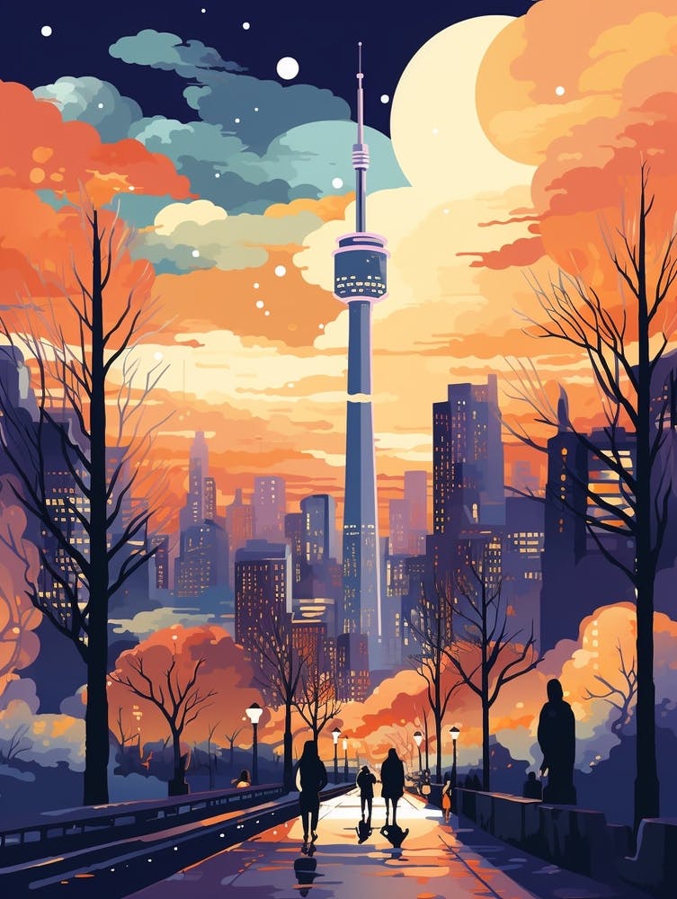 Winter Travel Night Illustration Seoul South Korea 2