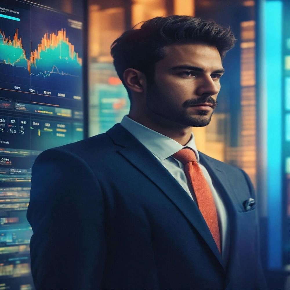 Businessman In Suit Standing In Front Of Financial Charts