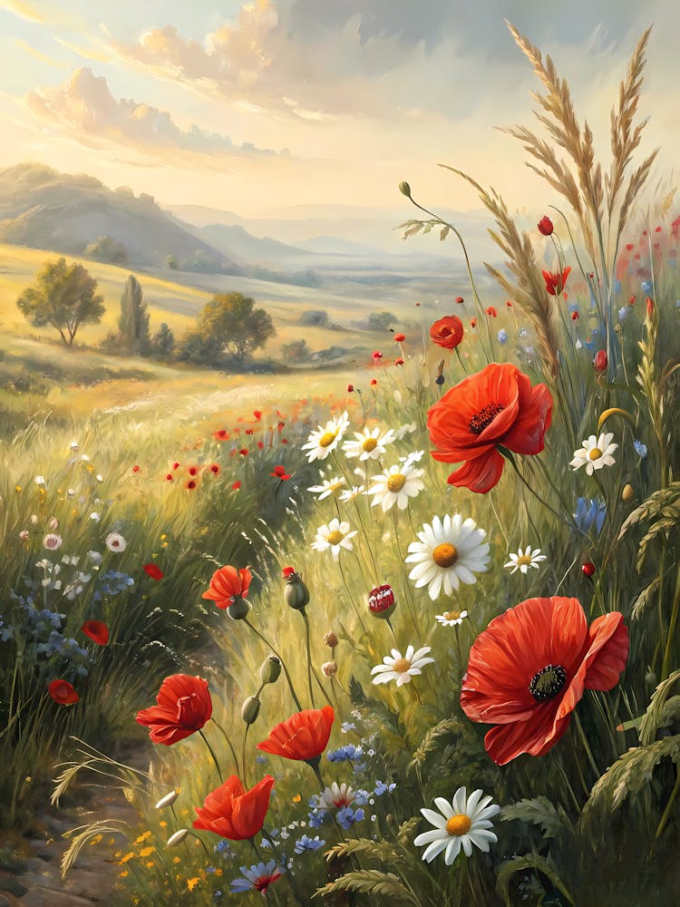 Oil Painting Style Vibrant Wildflower Meadow Poppies & Daisies Landscape