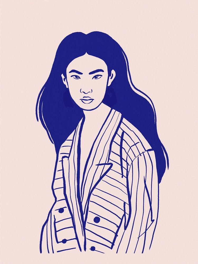 Portrait of an Asian Woman. Minimalist Blue Line