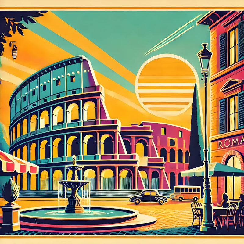 Retro Futuristic Rome Art Vibrant Colosseum & Italian Street Scene Illustration