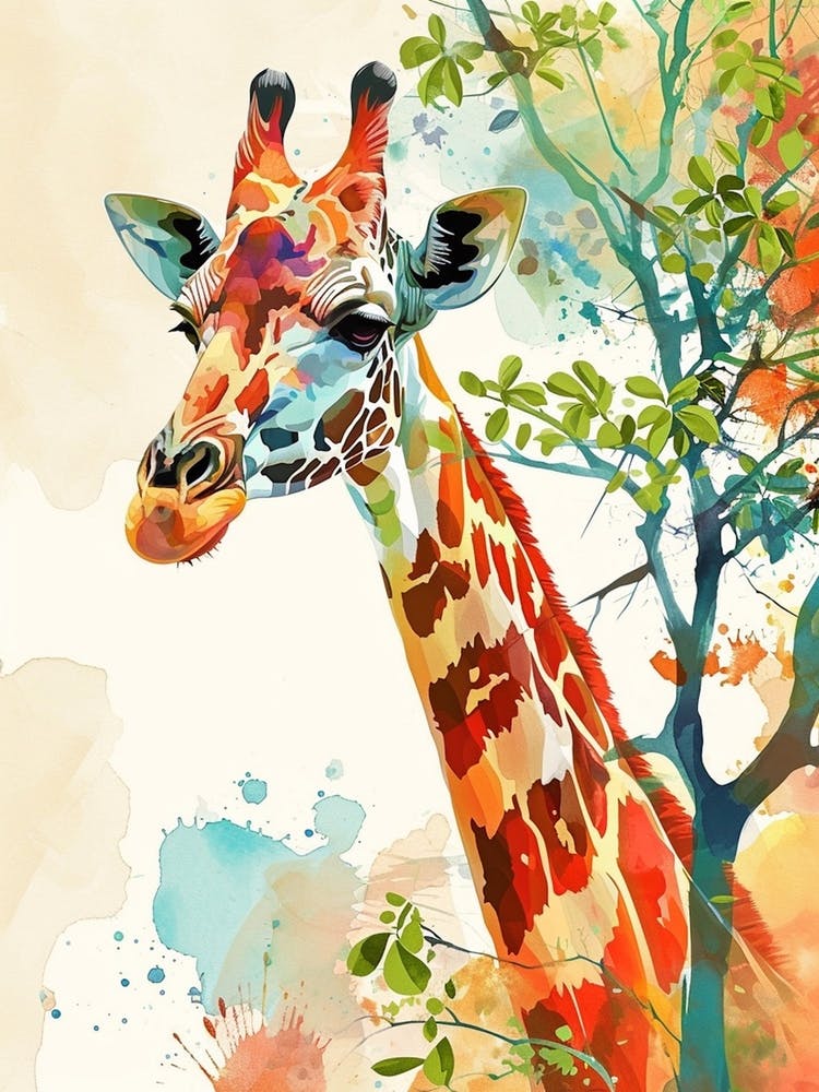 Giraffe In The Tree Watercolour 1