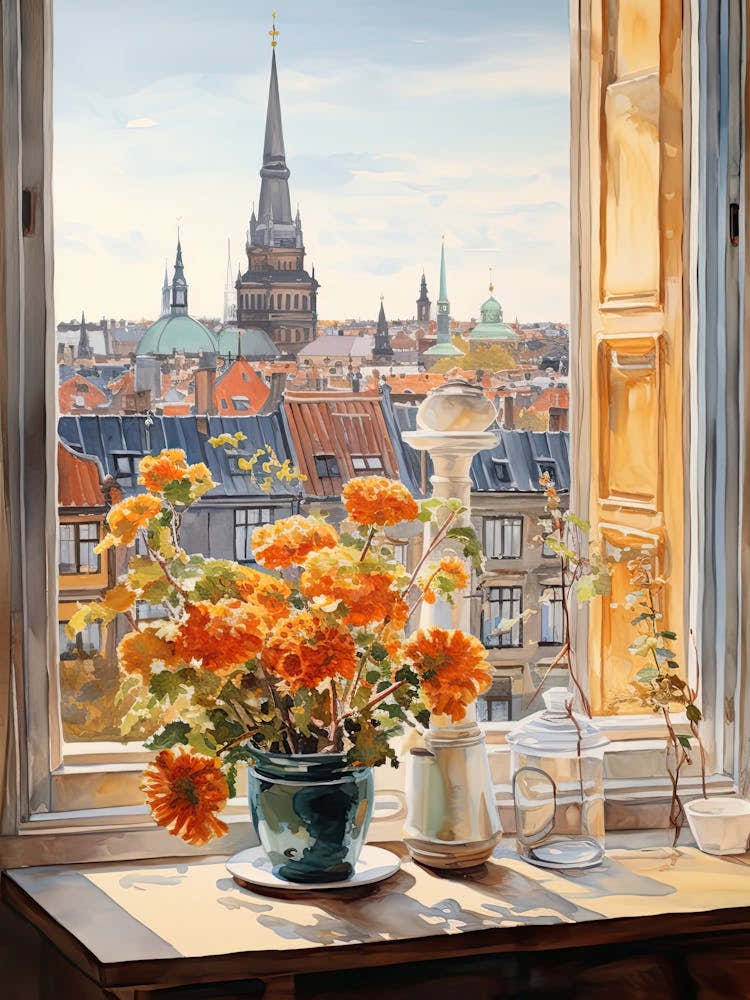Window View Of Copenhagen Denmark In Autumn Fall, Watercolour 1