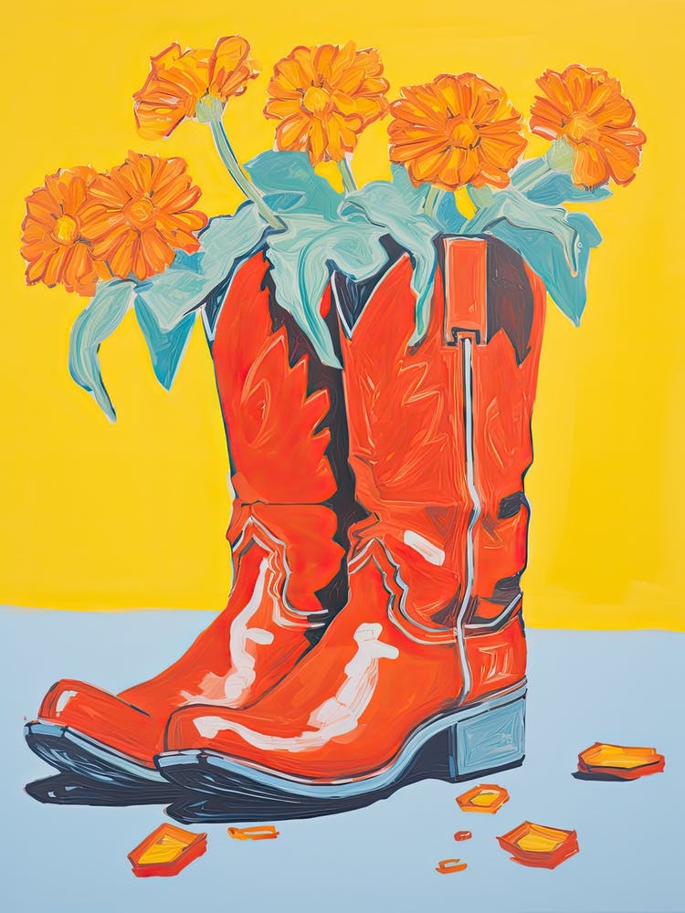 A Painting Of Cowboy Boots With Orange Flowers, Fauvist Style, Still Life 4