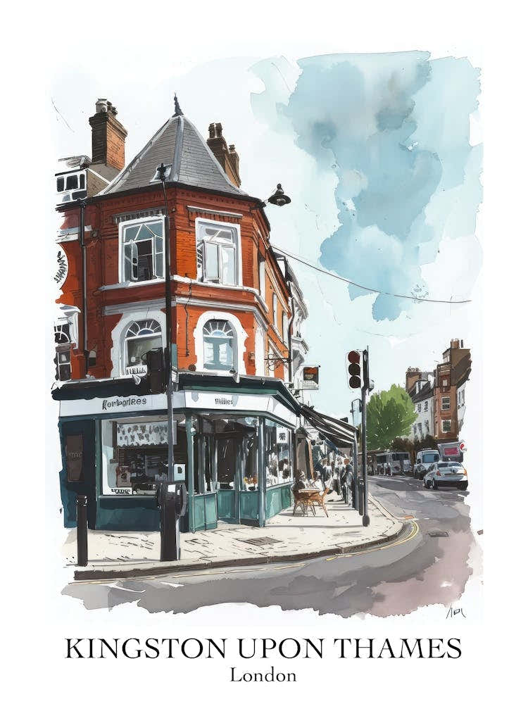 Kingston Upon Thames London Borough   Street Watercolour 2 Poster