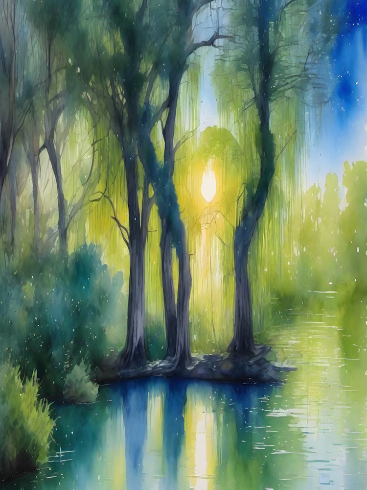 Dryads Optical Illusion Women Nymphs Trapped in the Woods Camouflaged Watercolor Awaiting a Victim Wailing Sirens - Interesting Impressionism Green Blue Birch and Willow Tree Forest and Lake - Pagan Feature Gallery Wall Siren Calling HD 3