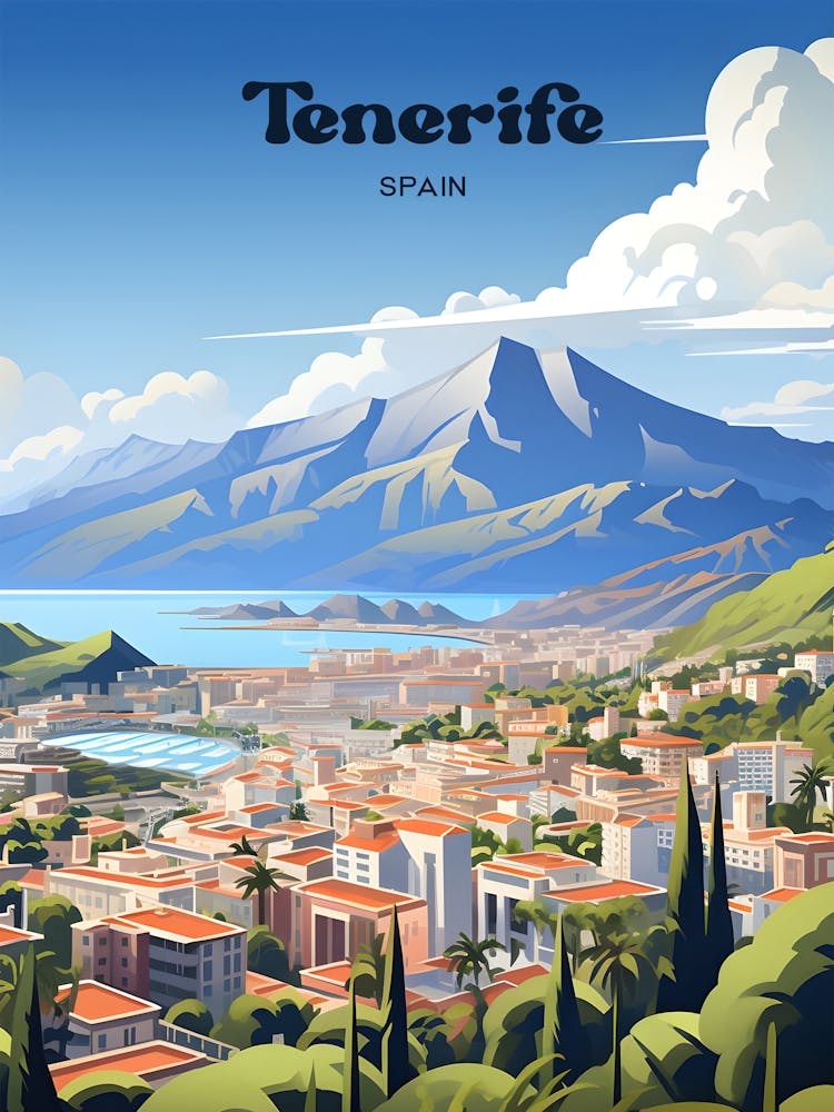 Tenerife Spain Mountain Travel Art Illustration