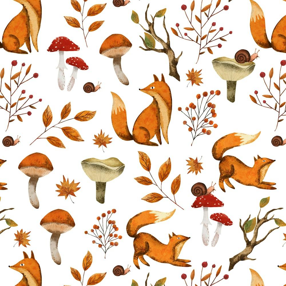 Autumn Foxes Seamless Pattern with wild flowers and yellow leaves
