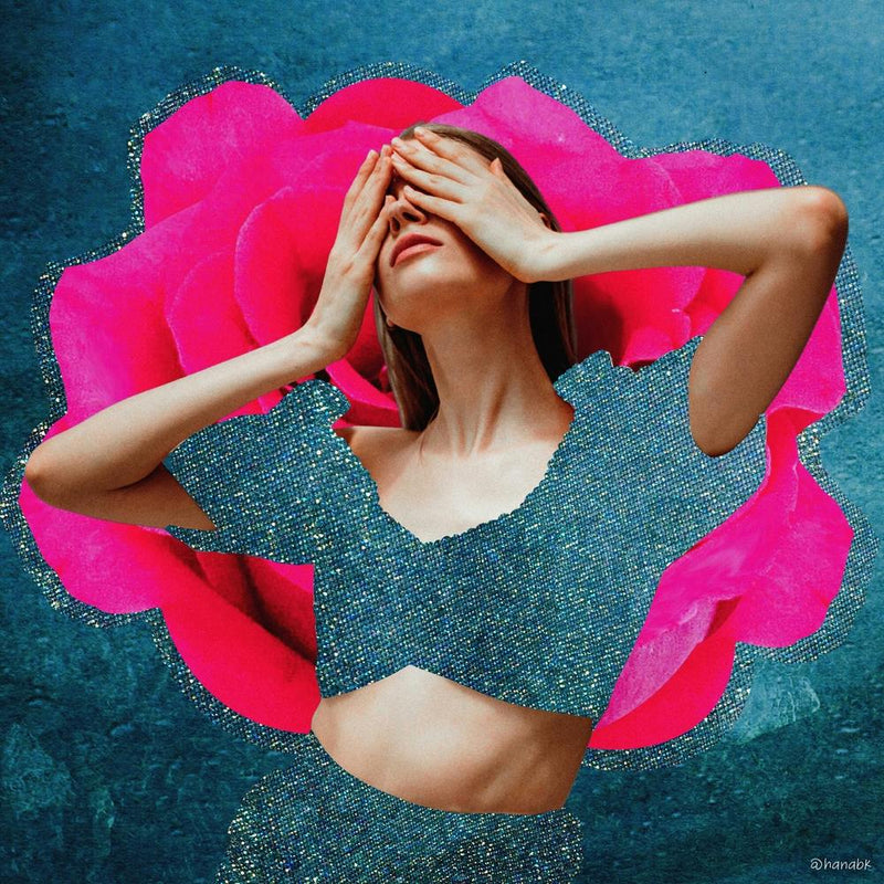 Hot Pink Glitter Denim Model Collage Pink & Navy Square