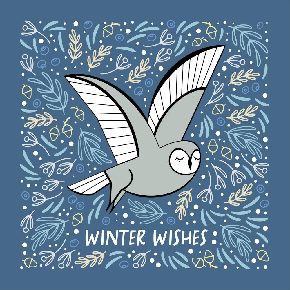 Christmas Owl Blue Square Illustrated