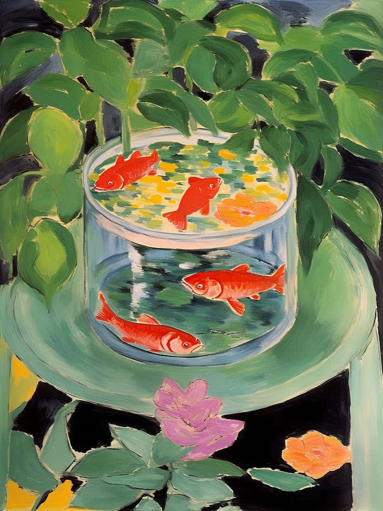 Goldfish In A Bow With Plants And Flowers L Illustration Matisse Style