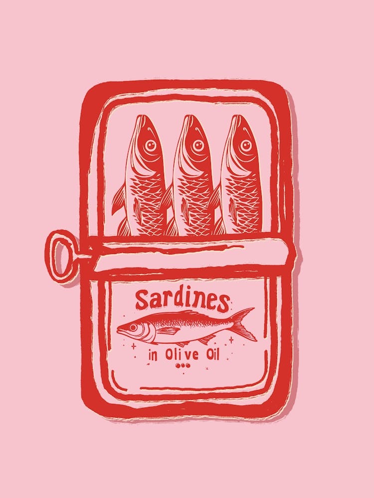 Tin Of Sardines Red And Pink Retro Kitchen Wall Art Fisherman Aesthetic Girly Decor