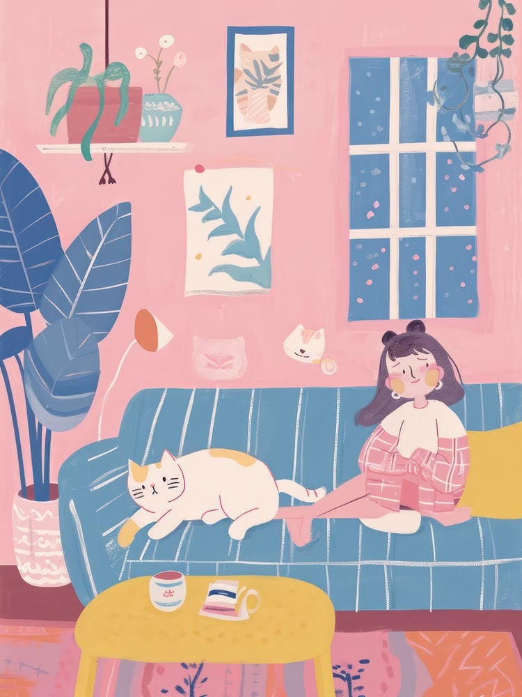 Mädchen auf dem Sofa mit Haustieren TV Lo Fi Kawaii Illustration 7