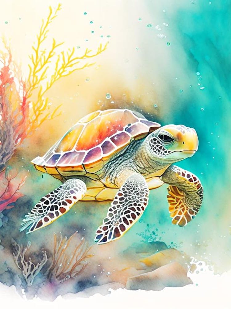 A Single Sea Turtle In Coral Reef, Sea Turtle Storybook Watercolours 2
