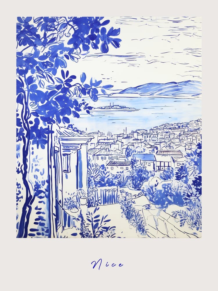 Nizza Frankreich 5 Mittelmeerblau Zeichnung Poster
