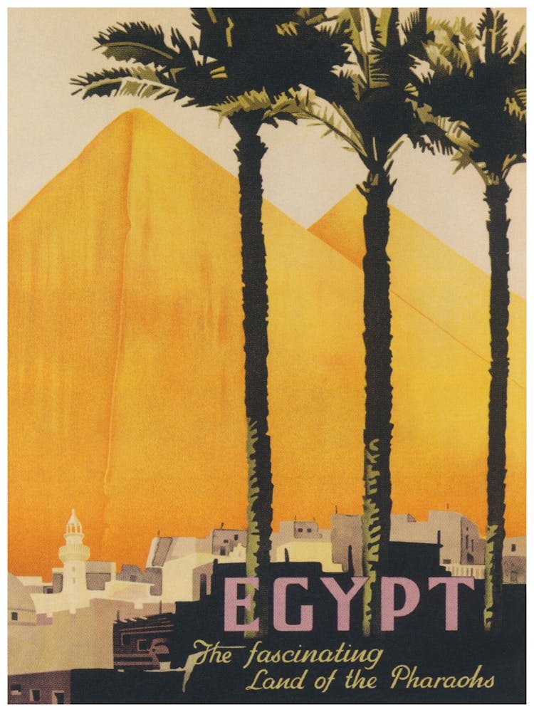 Egypt. Pyramids and Palm Trees, Muted Neutral Colors, Vintage Travel Poster